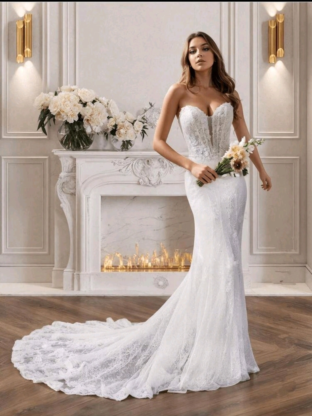 Strapless Lace Mermaid Wedding Gown in White